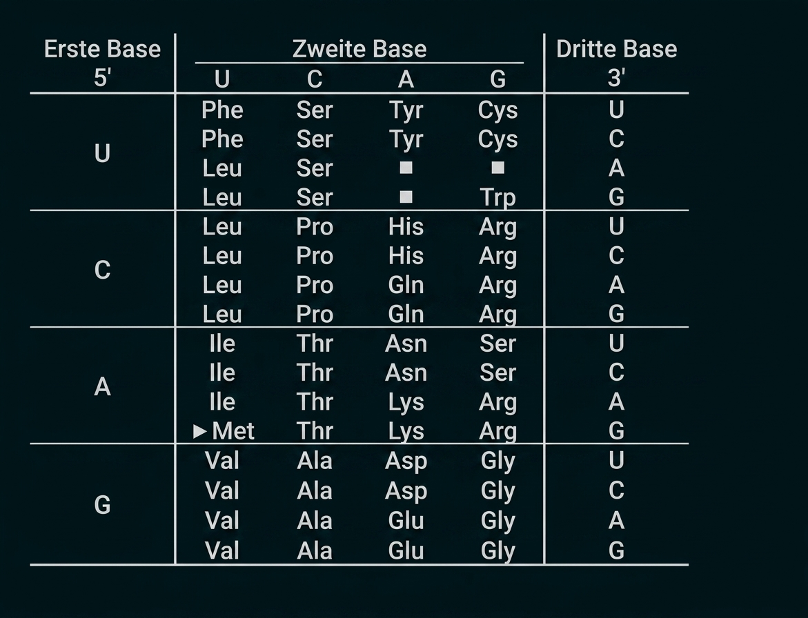 Codon-Tabelle des genetischen Codes mit Basen U, C, A und G.